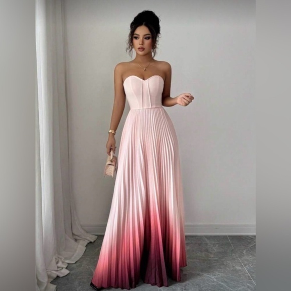 Strapless Sweetheart Ombre Pleated Maxi Dress in Blush Pink to Burgundy